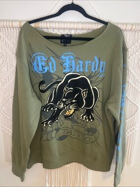 Ed Hardy Olive Green Panther Crewneck with Blue Logo